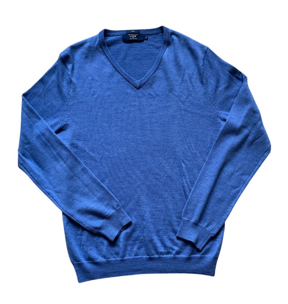 J Crew Merino Wool Blue V Neck Sweater Size Medium Preppy Classic Soft Mens